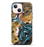 iPhone 14 Plus Wood Live Edge Phone Case - Tracy (Teal & Gold, 730347)