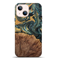 iPhone 14 Plus Wood Live Edge Phone Case - Fanni (Teal & Gold, 730350)