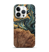 iPhone 15 Pro Wood Live Edge Phone Case - Fanni (Teal & Gold, 730350)