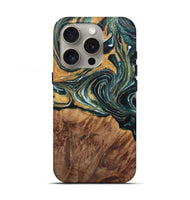 iPhone 16 Pro Wood Live Edge Phone Case - Fanni (Teal & Gold, 730350)