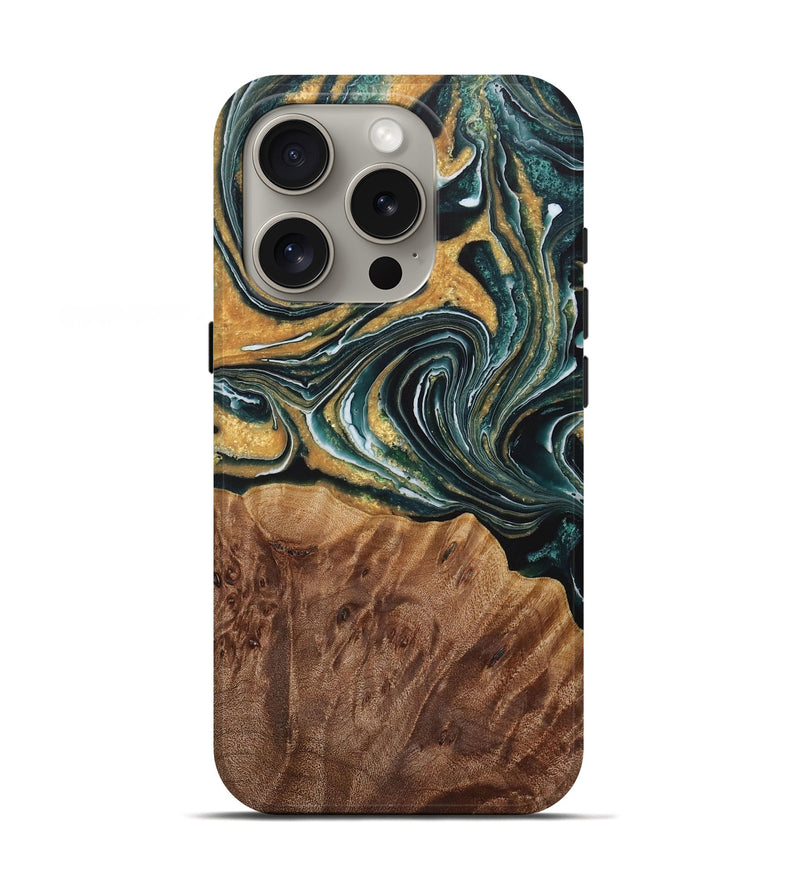 iPhone 16 Pro Wood Live Edge Phone Case - Fanni (Teal & Gold, 730350)