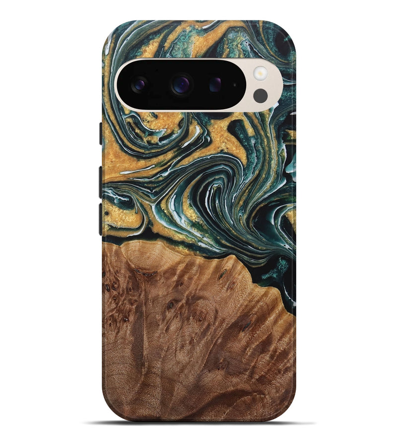 Pixel 9 Pro XL Wood Live Edge Phone Case - Fanni (Teal & Gold, 730350)