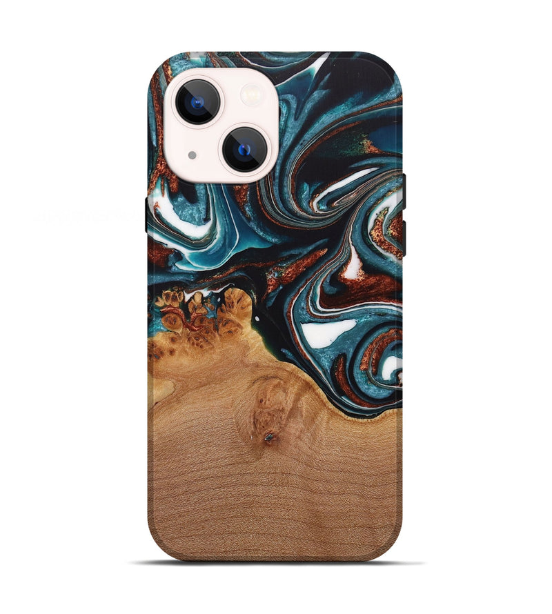 iPhone 13 Wood Live Edge Phone Case - Ynez (Teal & Gold, 730351)