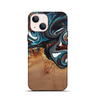 iPhone 13 mini Wood Live Edge Phone Case - Ynez (Teal & Gold, 730351)