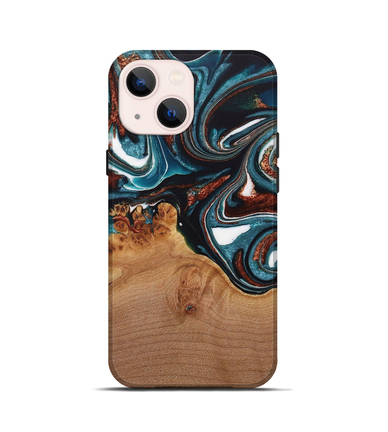 iPhone 13 mini Wood Live Edge Phone Case - Ynez (Teal & Gold, 730351)