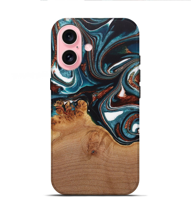 iPhone 16 Wood Live Edge Phone Case - Ynez (Teal & Gold, 730351)