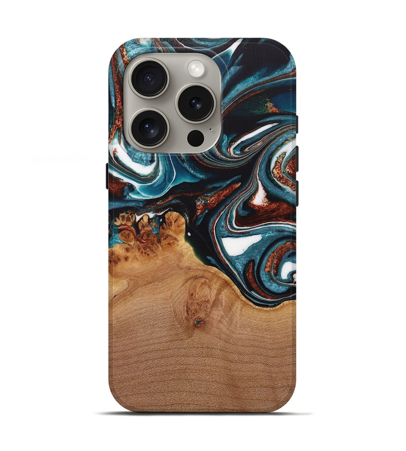 iPhone 16 Pro Wood Live Edge Phone Case - Ynez (Teal & Gold, 730351)