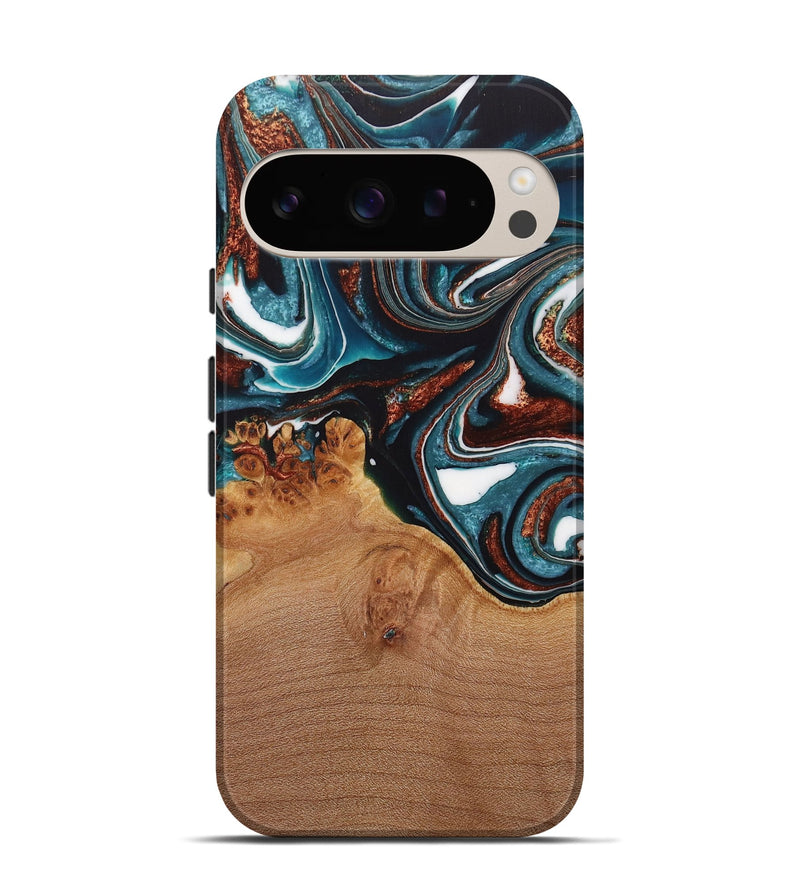 Pixel 9 Wood Live Edge Phone Case - Ynez (Teal & Gold, 730351)