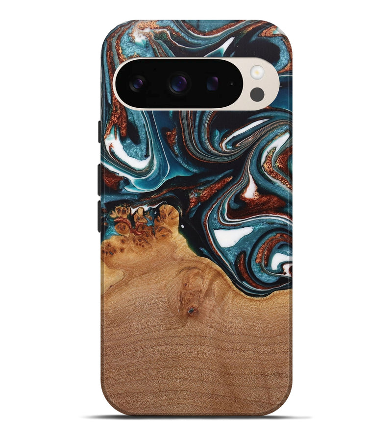 Pixel 9 Pro XL Wood Live Edge Phone Case - Ynez (Teal & Gold, 730351)