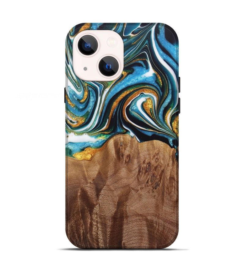 iPhone 13 Wood Live Edge Phone Case - Nello (Teal & Gold, 730354)