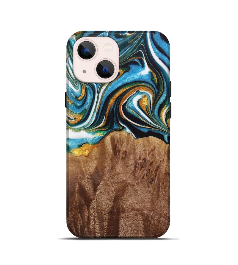 iPhone 13 mini Wood Live Edge Phone Case - Nello (Teal & Gold, 730354)