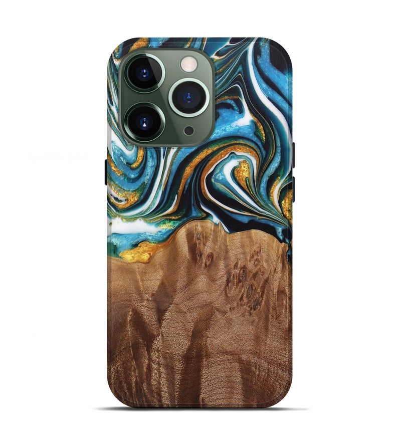 iPhone 13 Pro Wood Live Edge Phone Case - Nello (Teal & Gold, 730354)