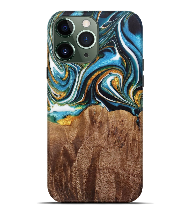 iPhone 13 Pro Max Wood Live Edge Phone Case - Nello (Teal & Gold, 730354)