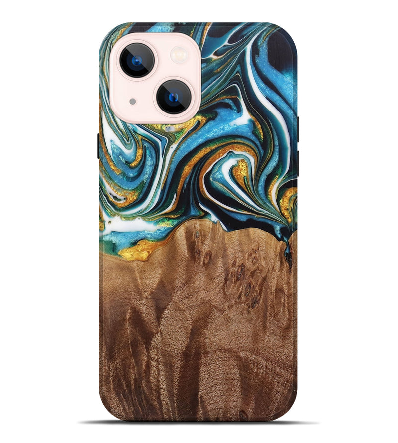 iPhone 14 Plus Wood Live Edge Phone Case - Nello (Teal & Gold, 730354)