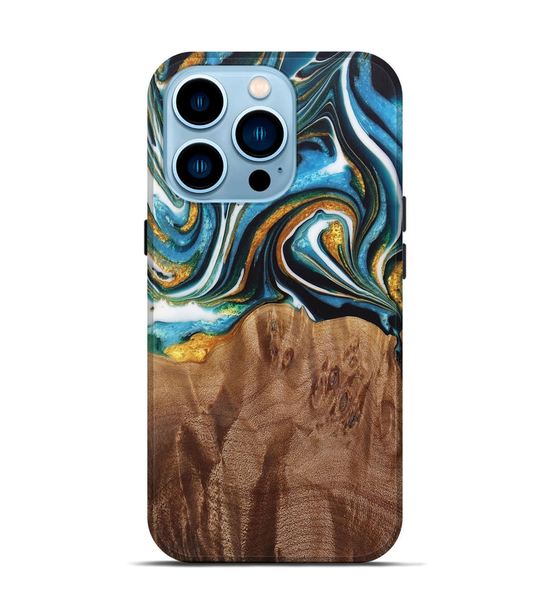 iPhone 14 Pro Wood Live Edge Phone Case - Nello (Teal & Gold, 730354)