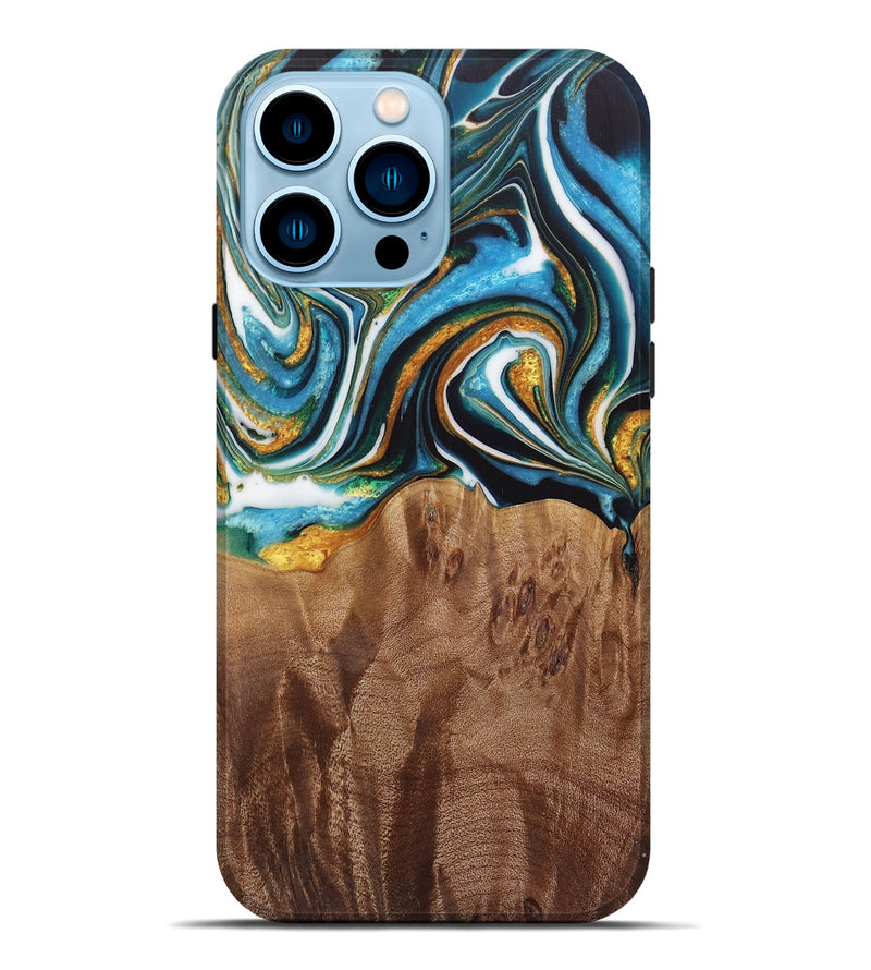 iPhone 14 Pro Max Wood Live Edge Phone Case - Nello (Teal & Gold, 730354)