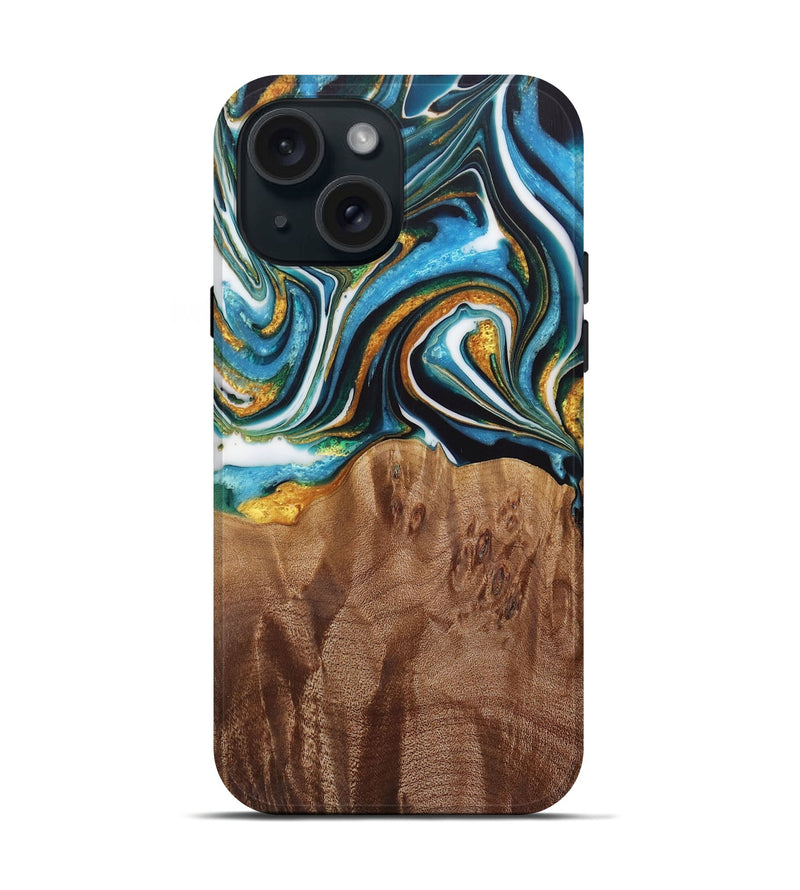 iPhone 15 Wood Live Edge Phone Case - Nello (Teal & Gold, 730354)