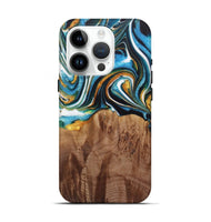 iPhone 15 Pro Wood Live Edge Phone Case - Nello (Teal & Gold, 730354)