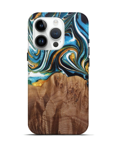 iPhone 15 Pro Wood Live Edge Phone Case - Nello (Teal & Gold, 730354)