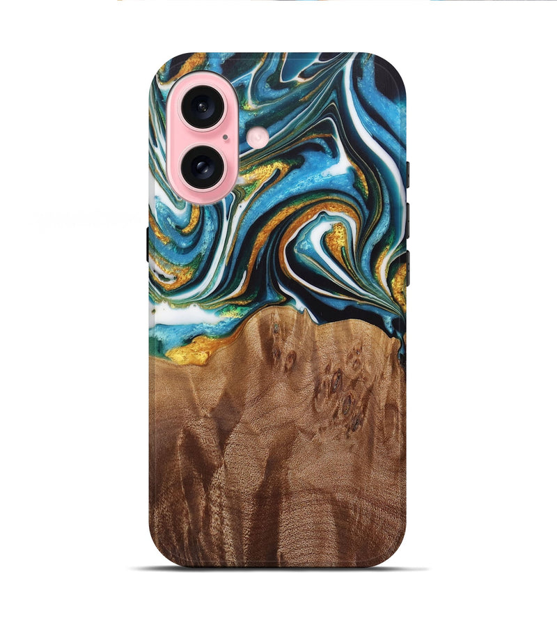 iPhone 16 Wood Live Edge Phone Case - Nello (Teal & Gold, 730354)