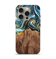 iPhone 16 Pro Wood Live Edge Phone Case - Nello (Teal & Gold, 730354)