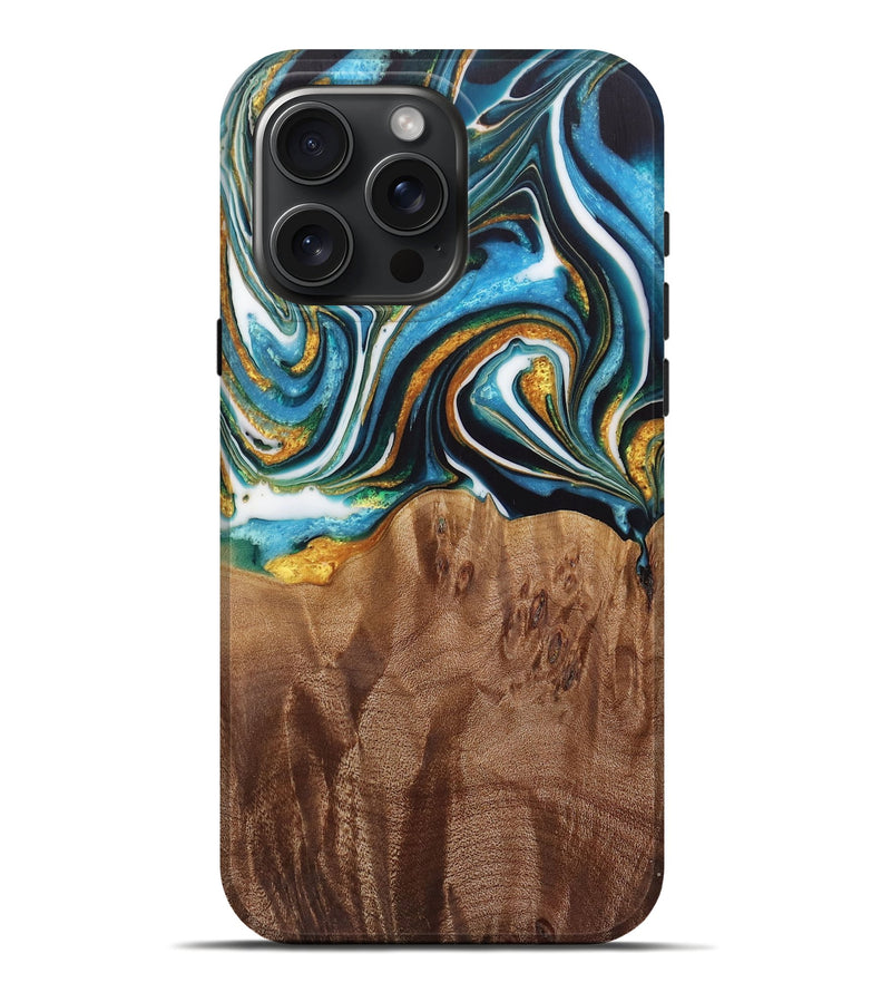 iPhone 16 Pro Max Wood Live Edge Phone Case - Nello (Teal & Gold, 730354)