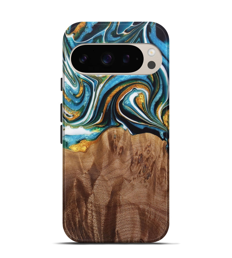 Pixel 9 Pro Wood Live Edge Phone Case - Nello (Teal & Gold, 730354)