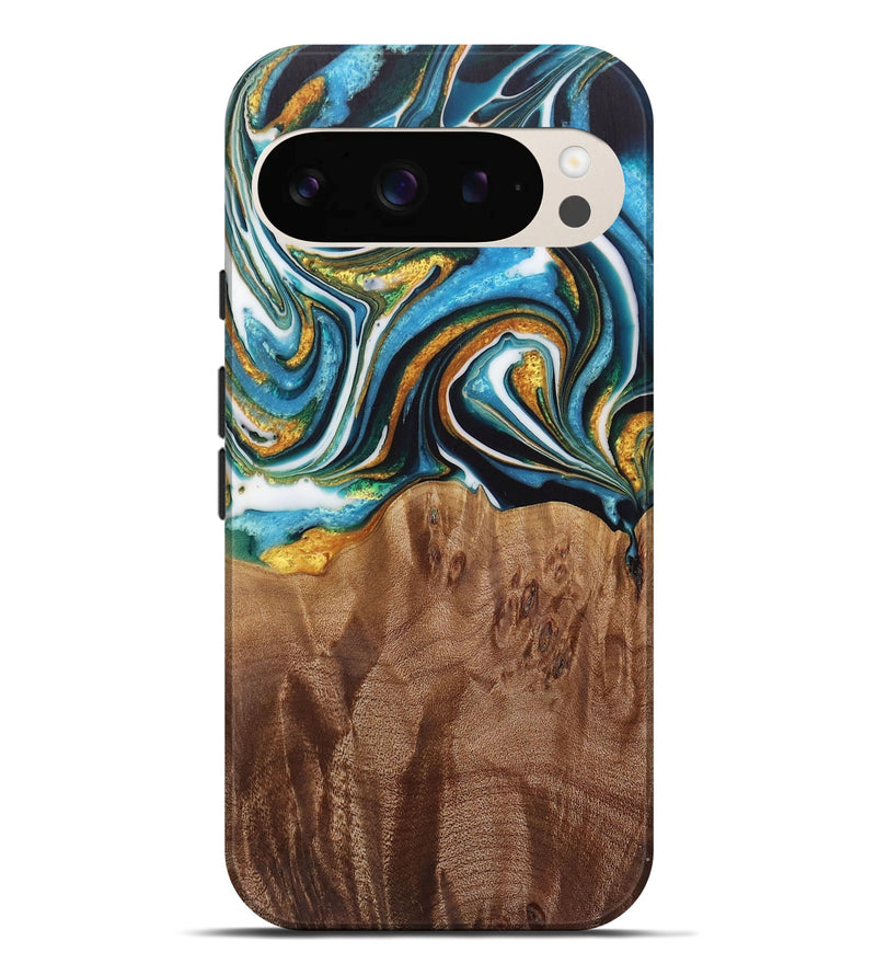 Pixel 9 Pro XL Wood Live Edge Phone Case - Nello (Teal & Gold, 730354)