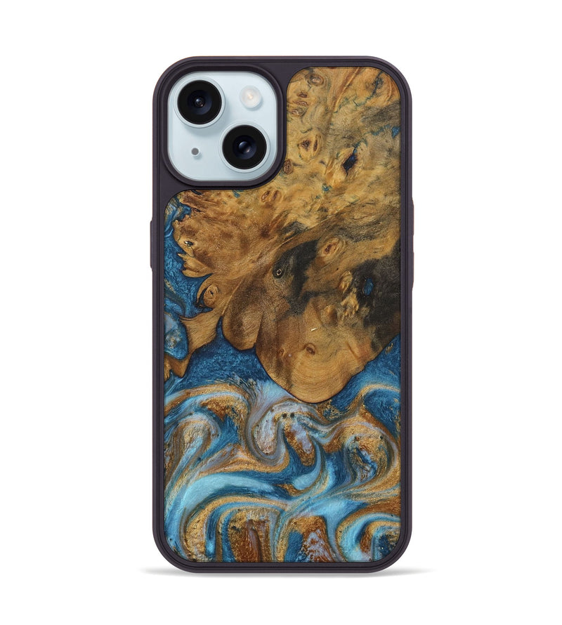 iPhone 15 Wood Phone Case - Sharla (Teal & Gold, 730375)