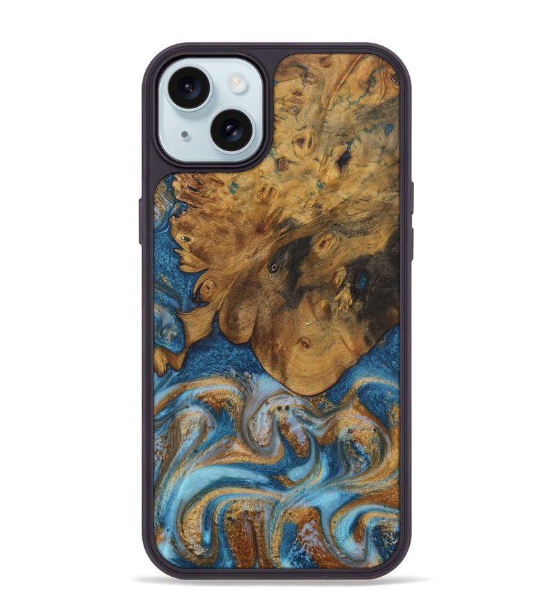 iPhone 15 Plus Wood Phone Case - Sharla (Teal & Gold, 730375)