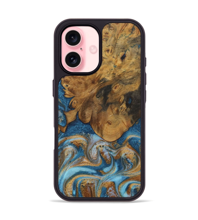 iPhone 16 Wood Phone Case - Sharla (Teal & Gold, 730375)