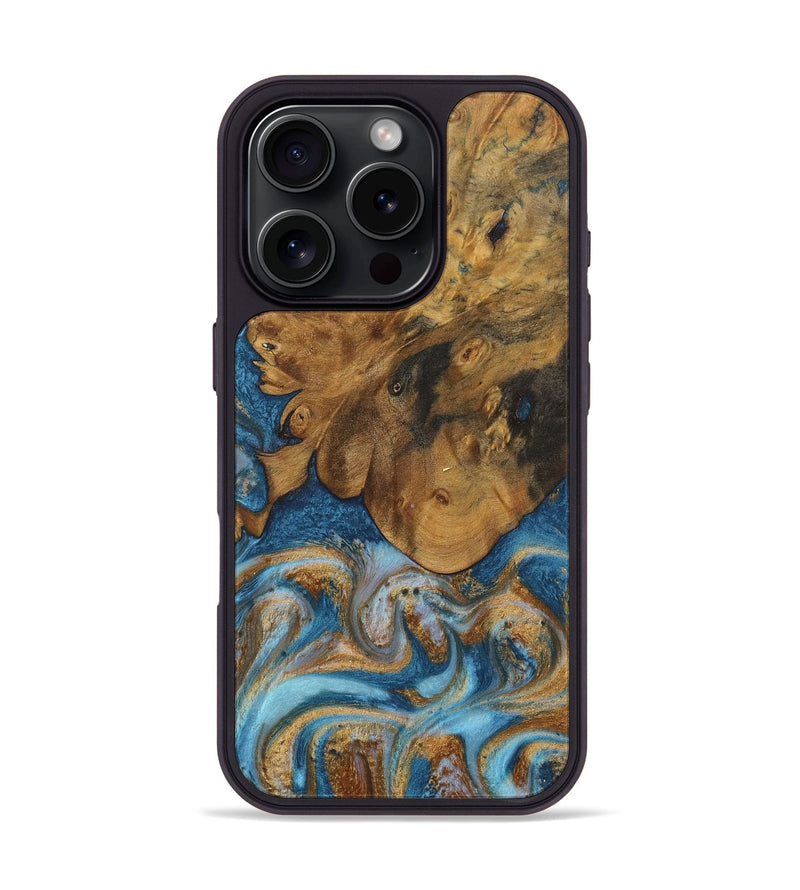 iPhone 16 Pro Wood Phone Case - Sharla (Teal & Gold, 730375)