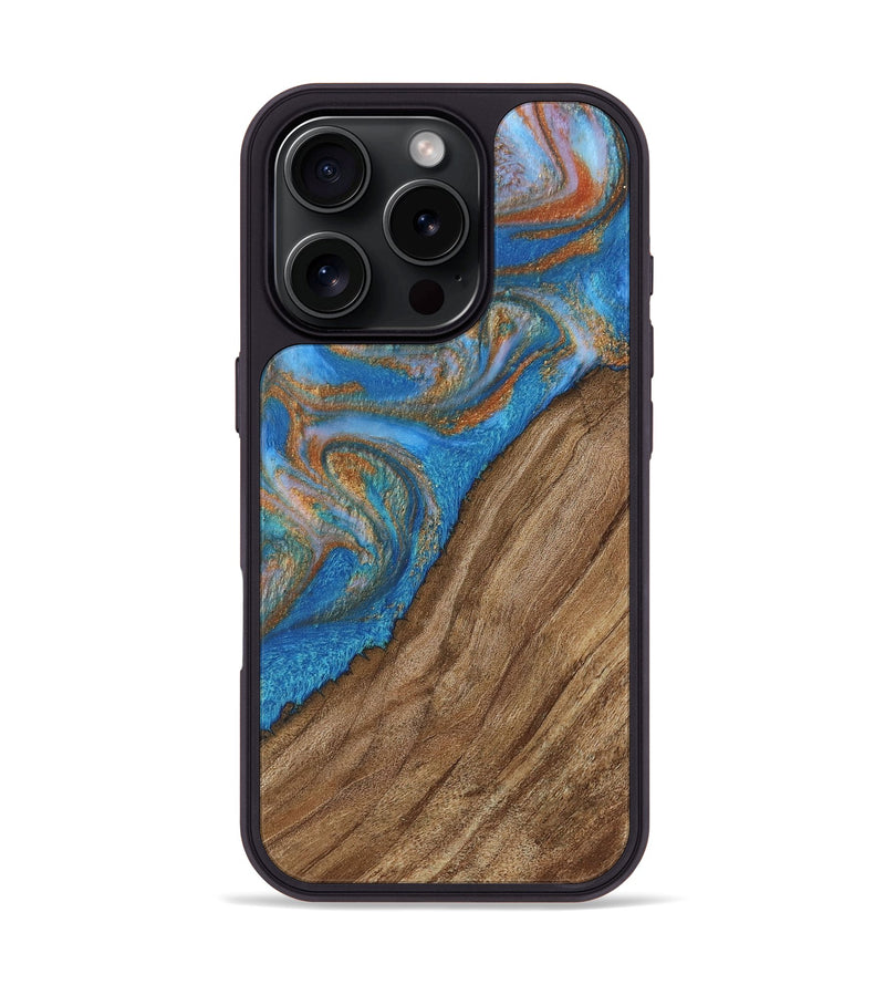 iPhone 16 Pro Wood Phone Case - Tadio (Teal & Gold, 730379)