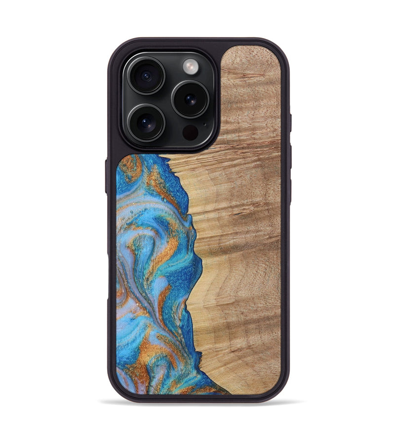 iPhone 16 Pro Wood Phone Case - Marty (Teal & Gold, 730385)