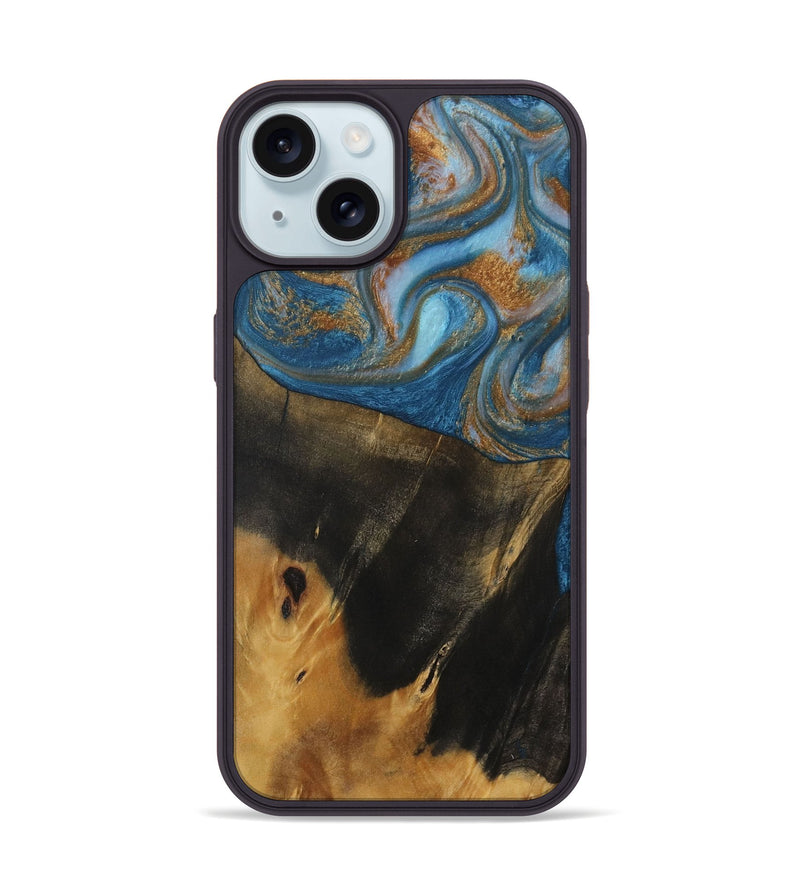 iPhone 15 Wood Phone Case - Marlene (Teal & Gold, 730401)