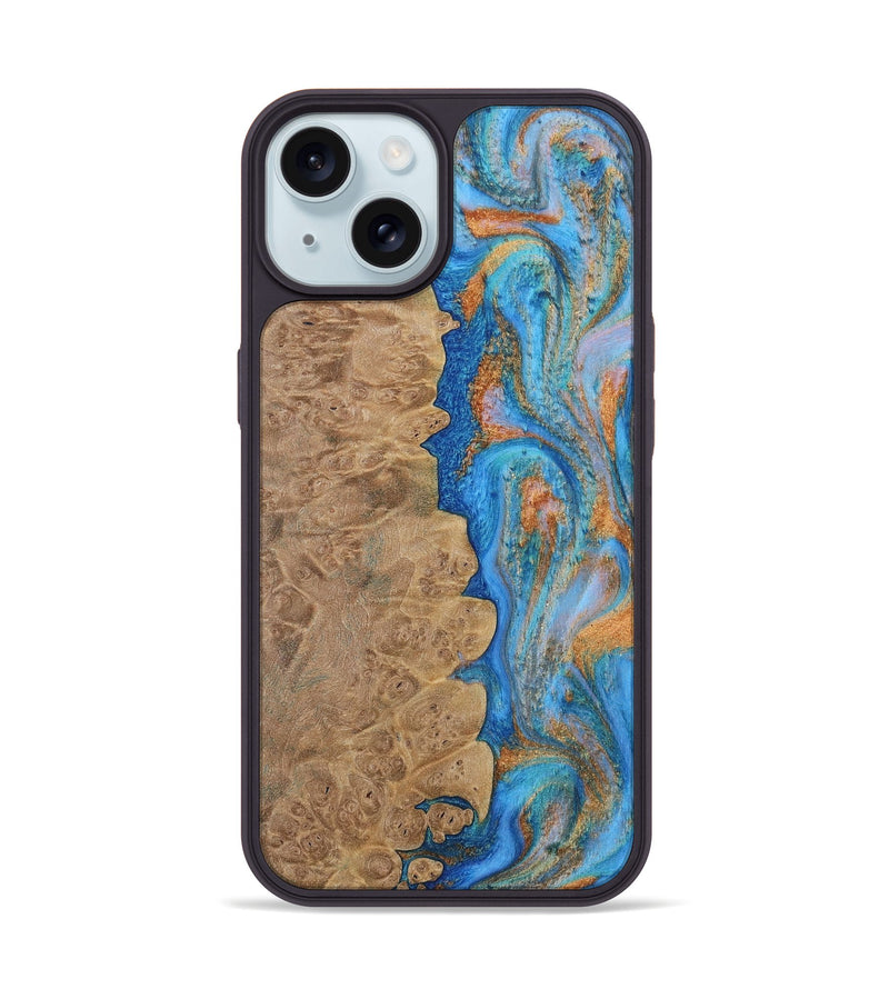 iPhone 15 Wood Phone Case - Alayne (Teal & Gold, 730407)