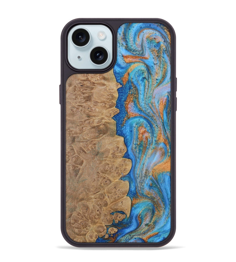 iPhone 15 Plus Wood Phone Case - Alayne (Teal & Gold, 730407)