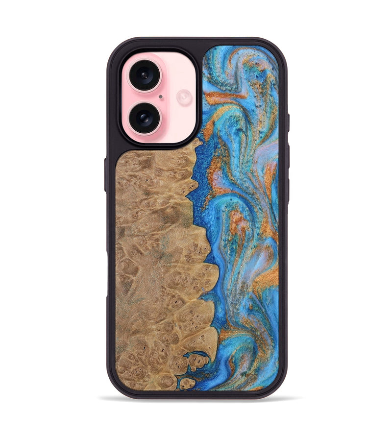 iPhone 16 Wood Phone Case - Alayne (Teal & Gold, 730407)