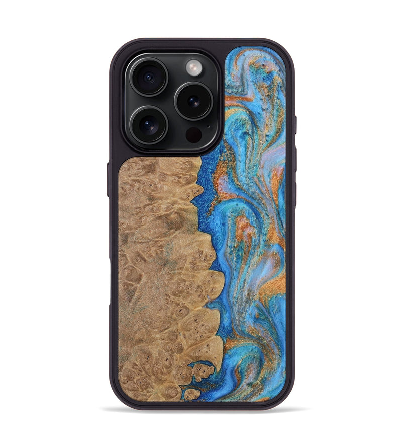 iPhone 16 Pro Wood Phone Case - Alayne (Teal & Gold, 730407)