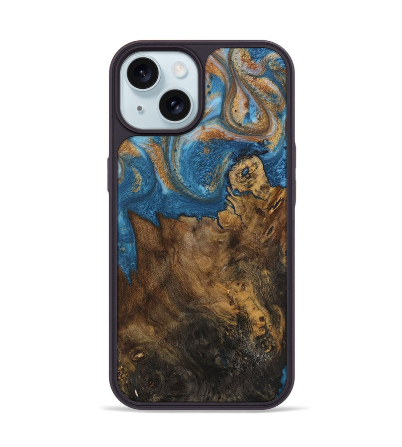 iPhone 15 Wood Phone Case - Dreddy (Teal & Gold, 730413)