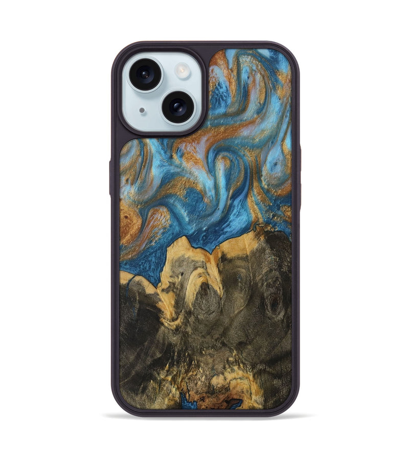 iPhone 15 Wood Phone Case - Averi (Teal & Gold, 730430)