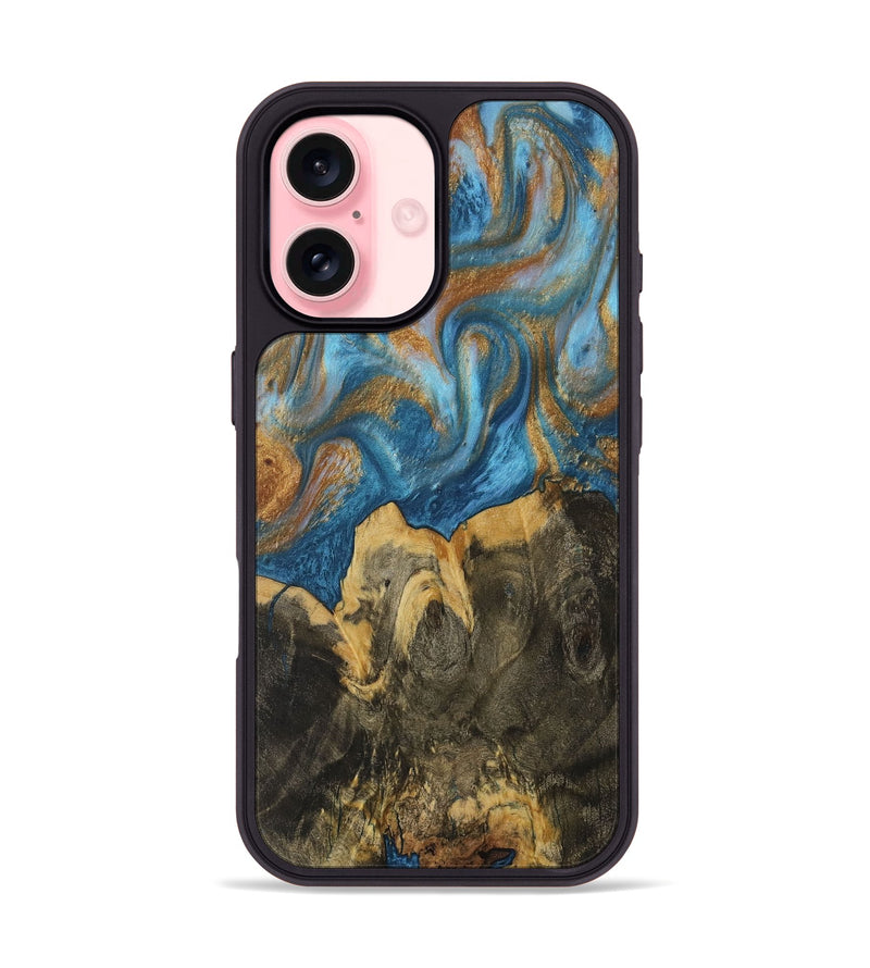 iPhone 16 Wood Phone Case - Averi (Teal & Gold, 730430)