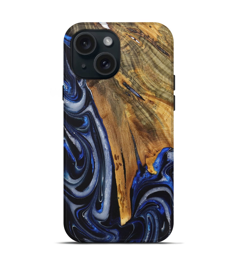 iPhone 15 Wood Live Edge Phone Case - Horatia (Blue, 730601)