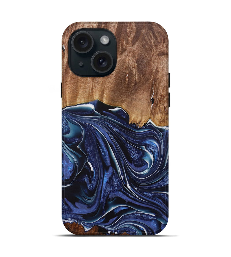 iPhone 15 Wood Live Edge Phone Case - Mirella (Blue, 730606)