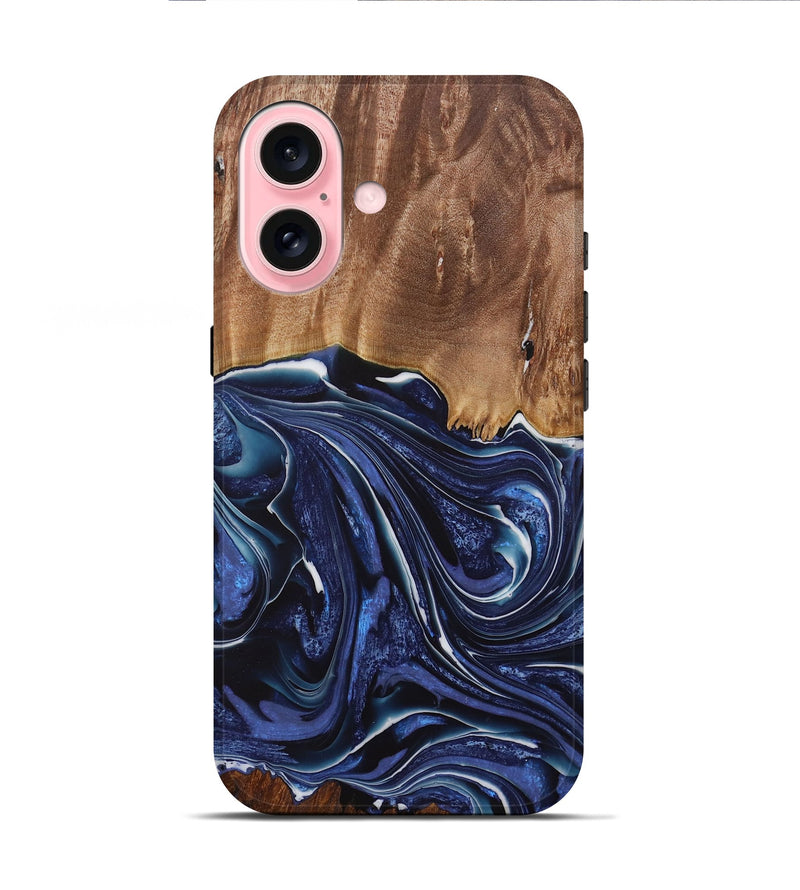 iPhone 16 Wood Live Edge Phone Case - Mirella (Blue, 730606)