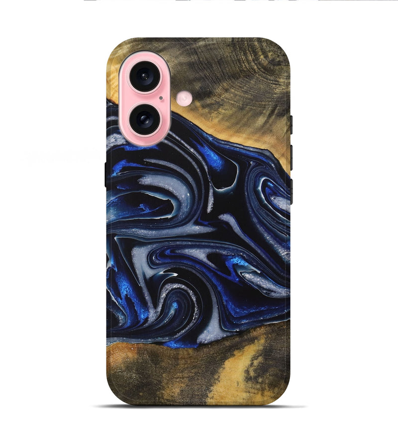 iPhone 16 Wood Live Edge Phone Case - Gizela (Blue, 730608)