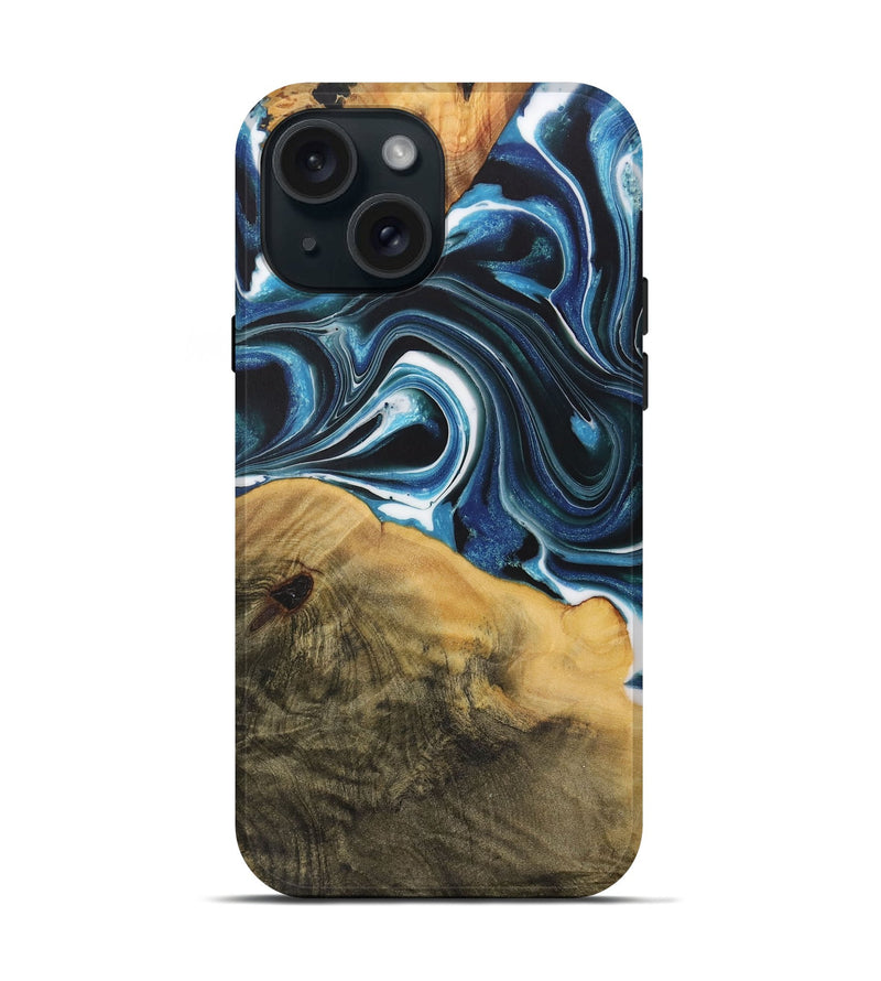 iPhone 15 Wood Live Edge Phone Case - Saige (Blue, 730611)