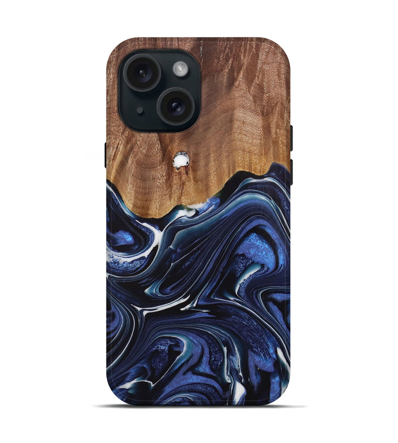 iPhone 15 Wood Live Edge Phone Case - Caralie (Blue, 730612)