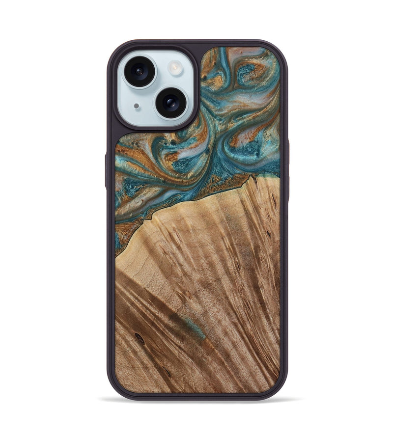 iPhone 15 Wood Phone Case - Nancy (Teal & Gold, 730672)