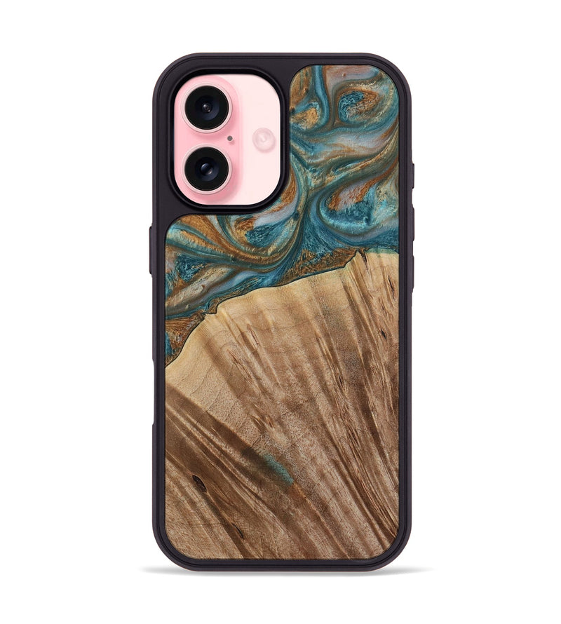 iPhone 16 Wood Phone Case - Nancy (Teal & Gold, 730672)